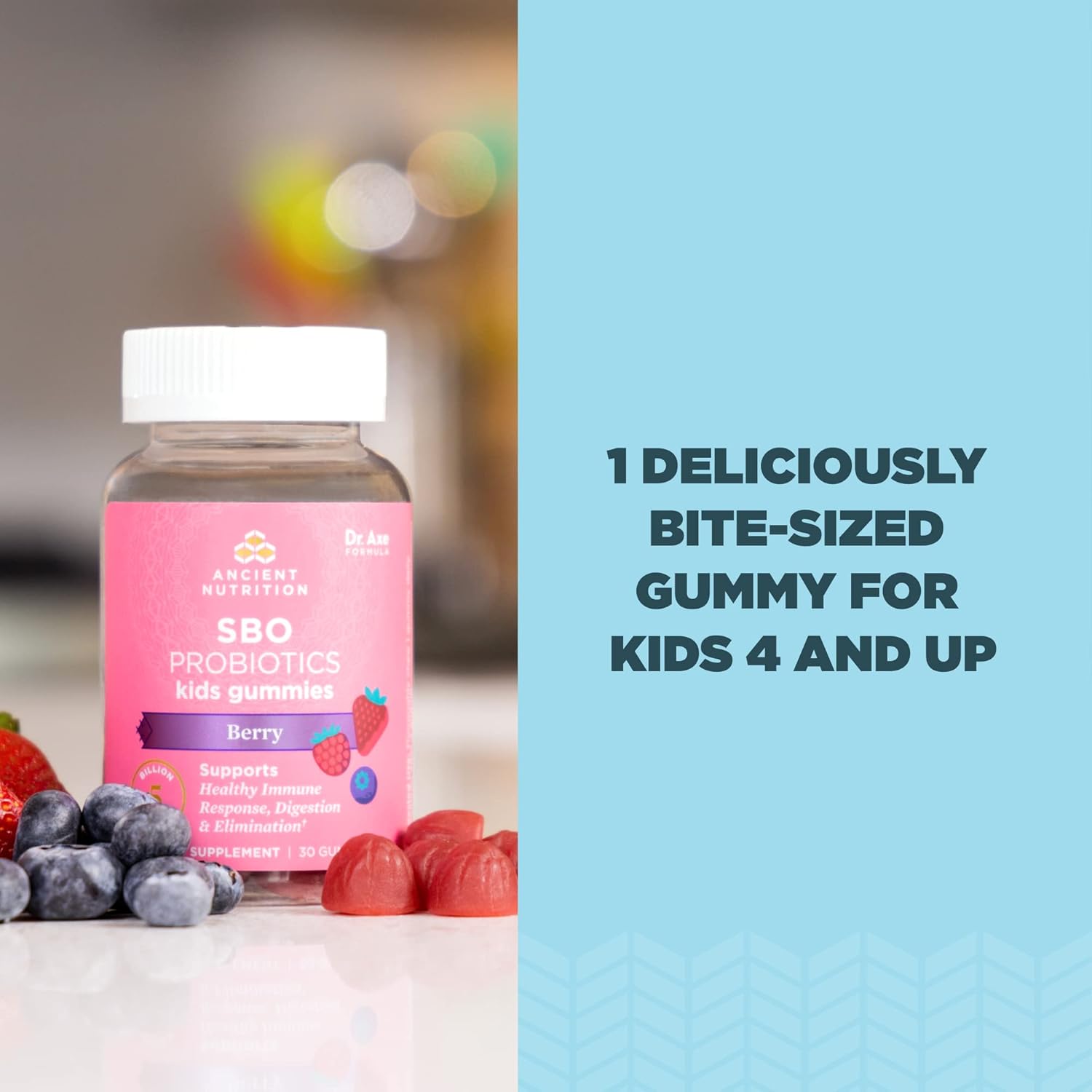 Kids Probiotic Gummies with Berry Flavor, 5 Billion CFUs, Supports Gut Health, Reduces Bloating & Constipation, 30 Count