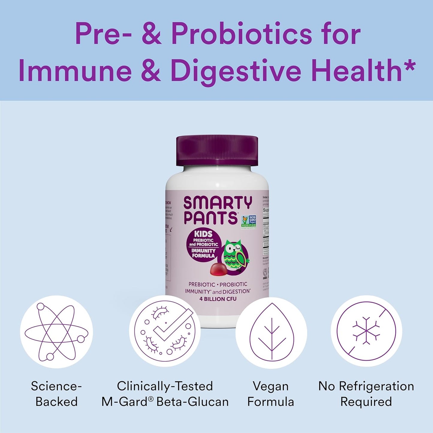 Kids Probiotic Immunity Gummies with Prebiotics: Digestive & Immune Support, Gluten-Free, Vegan, Grape Flavor - 60 Count
