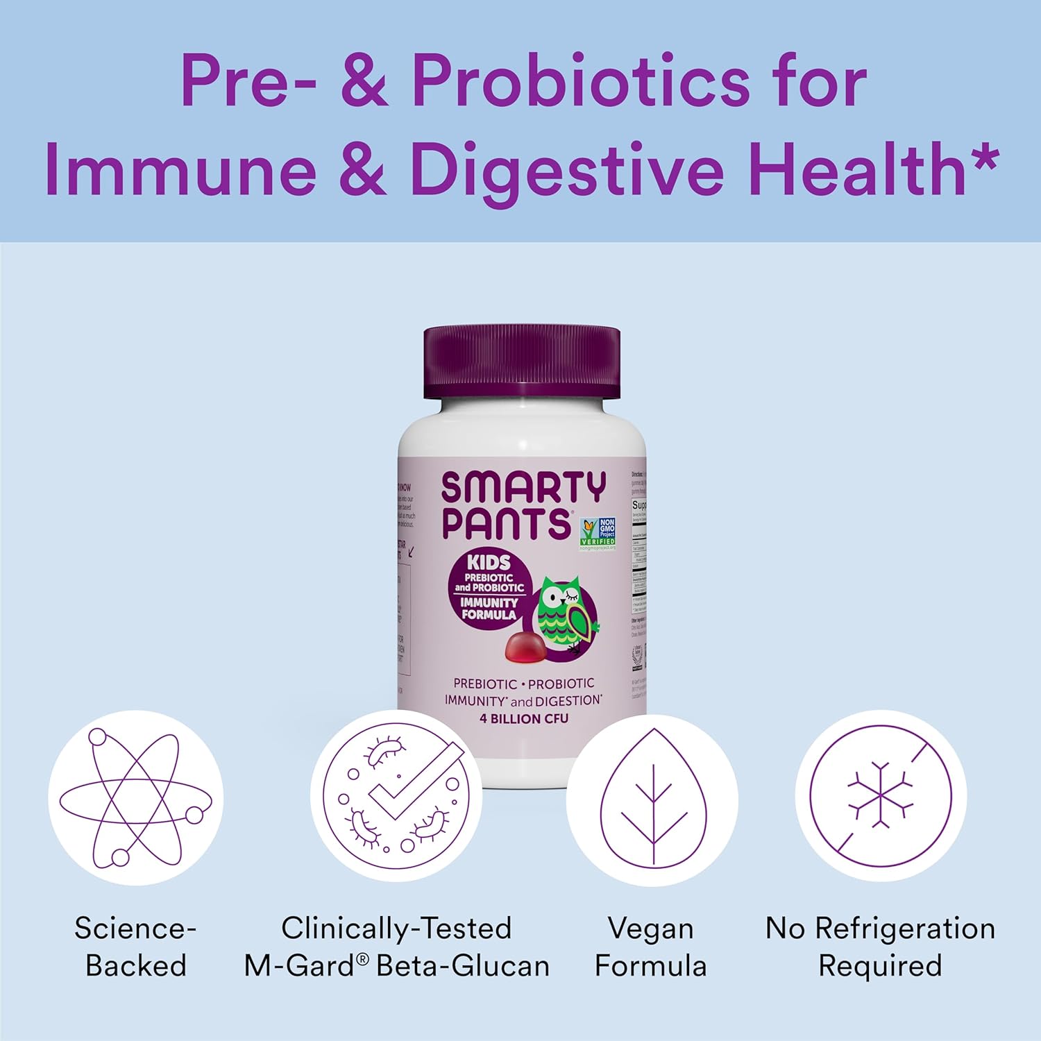 Kids Probiotic Immunity Gummies with Prebiotics: Digestive & Immune Support, Gluten-Free, Vegan, Grape Flavor - 60 Count