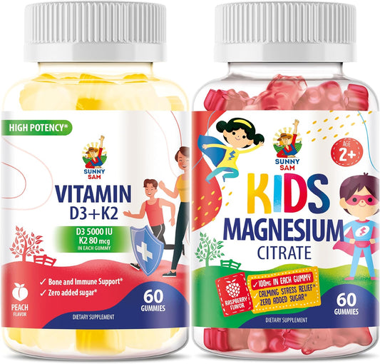 Kids' Sunshine Gummy Bundle: Vitamin D3, K2, Magnesium Citrate for Mood & Muscle Support