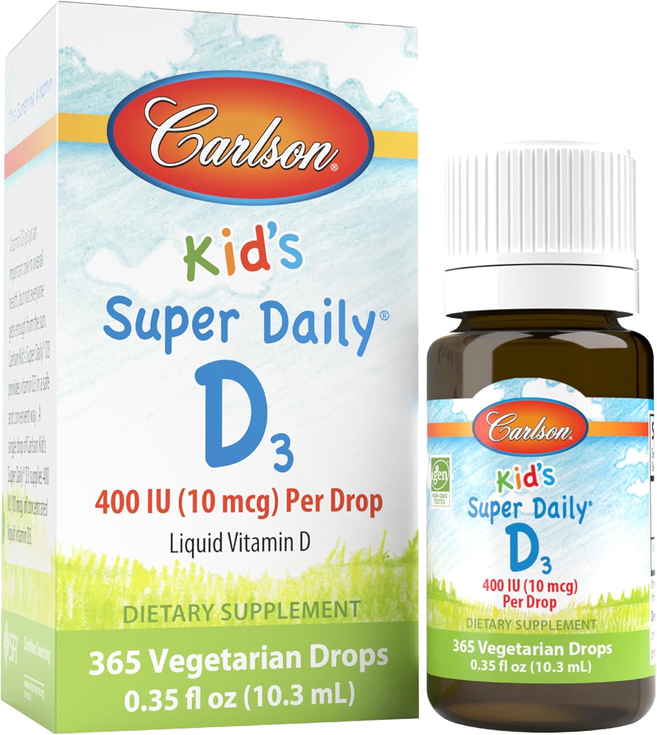 Kid's Super Daily D3 Vitamin Drops - 400 IU per Drop for Heart & Immune Health, Vegetarian Liquid Formula, Unflavored - 1 Year Supply