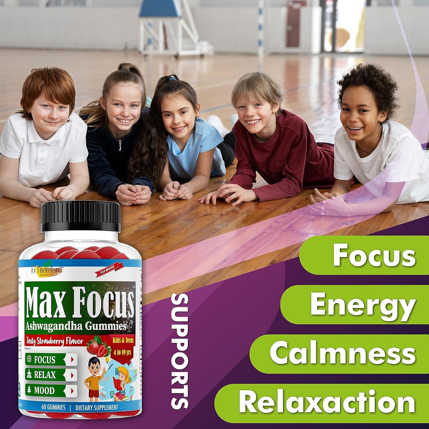 Kids & Teens Ashwagandha Gummies for Calm Mood, Sleep, Memory, Energy - 60 Fruity Flavored Vegan Gummies