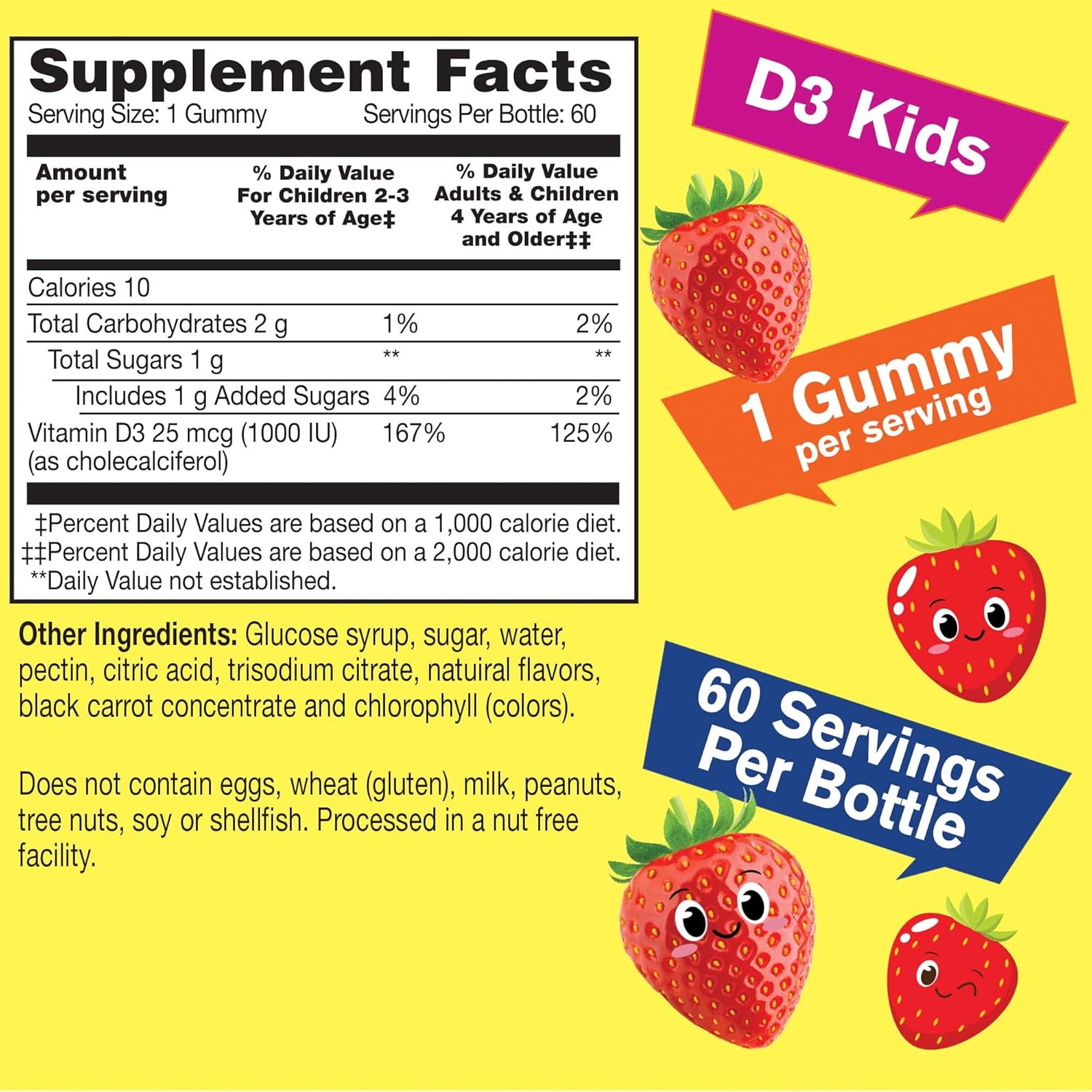 Kids Vitamin D3 Gummies - 1000 IU - Bone Strength & Immunity - Non-GMO, Gluten-Free - Strawberry Flavor - 60 Servings