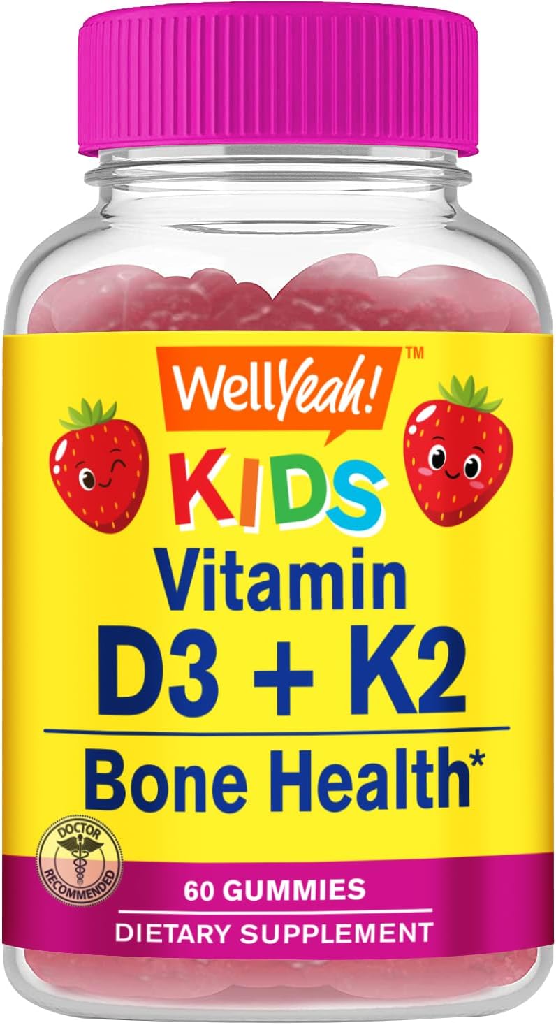 Kids Vitamin D3 + K2 Gummies - 1000 IU D3, 100 MCG K2 - Bone & Muscle Health, Natural Flavors, GMO & Gluten Free - Vegan K2 D3 Supplement - 60 Gummies