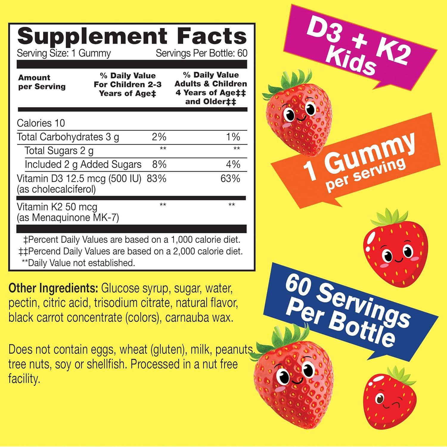 Kids Vitamin D3 + K2 Gummies - 1000 IU D3, 100 MCG K2 - Bone & Muscle Health, Natural Flavors, GMO & Gluten Free - Vegan K2 D3 Supplement - 60 Gummies