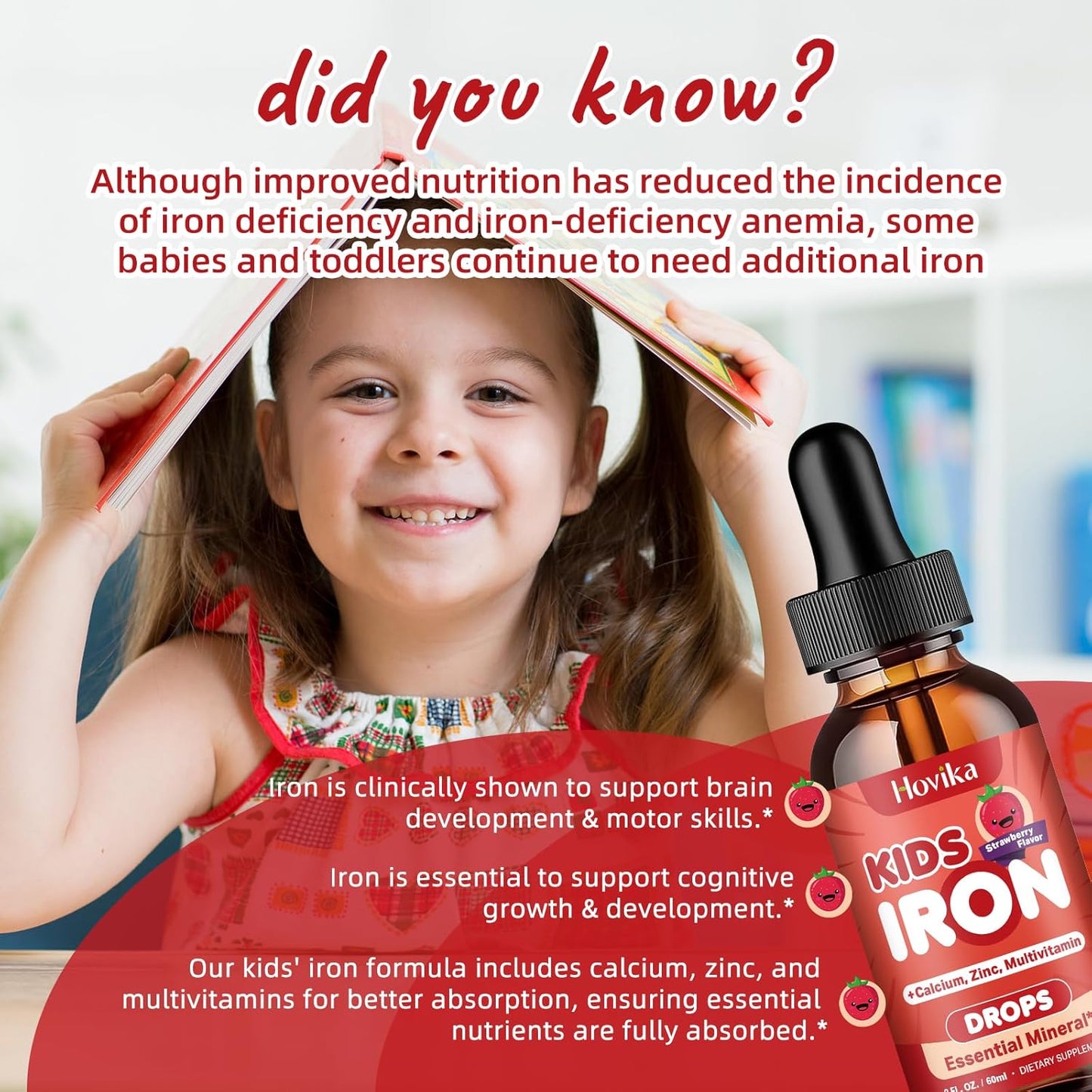 Kids & Women Liquid Iron Supplement with Calcium, Zinc, Multivitamins - Immune & Energy Support - Vegan Formula for Iron Deficiency & Anemia - 2 Fl Oz