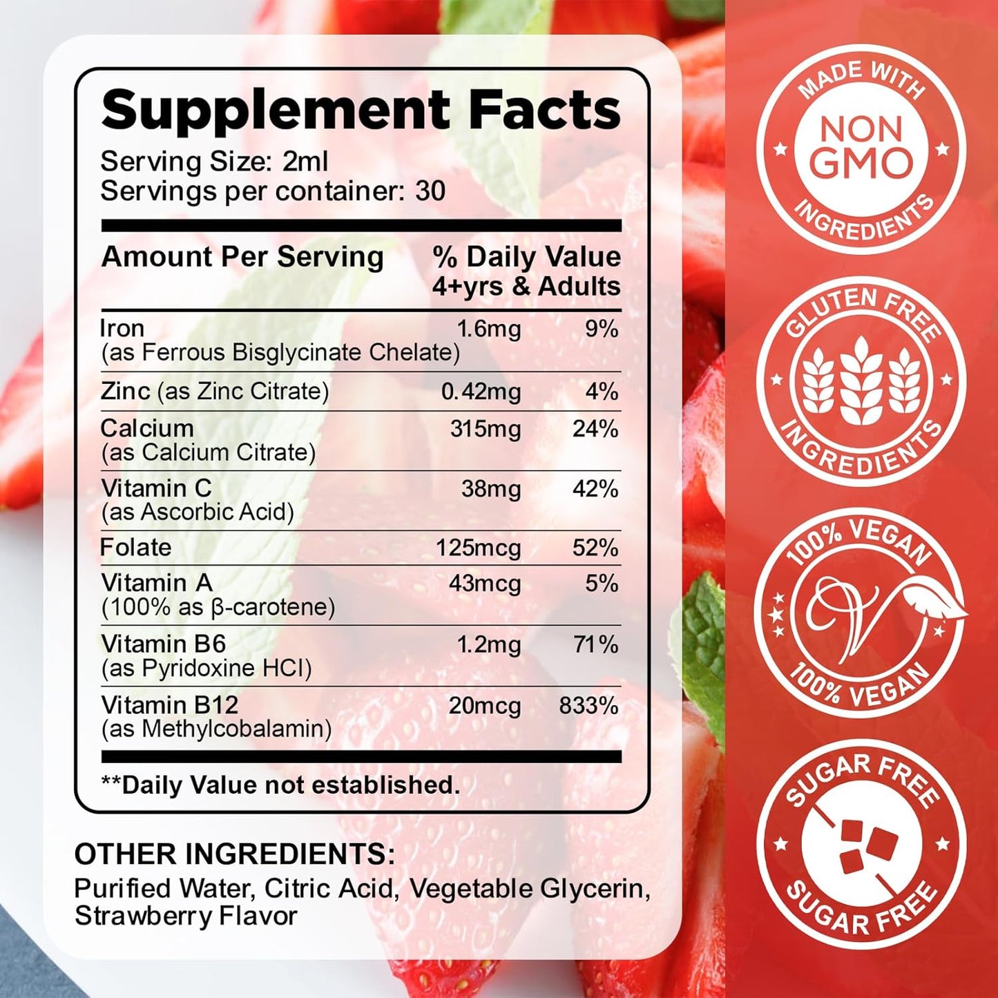 Kids & Women Liquid Iron Supplement with Calcium, Zinc, Multivitamins - Immune & Energy Support - Vegan Formula for Iron Deficiency & Anemia - 2 Fl Oz