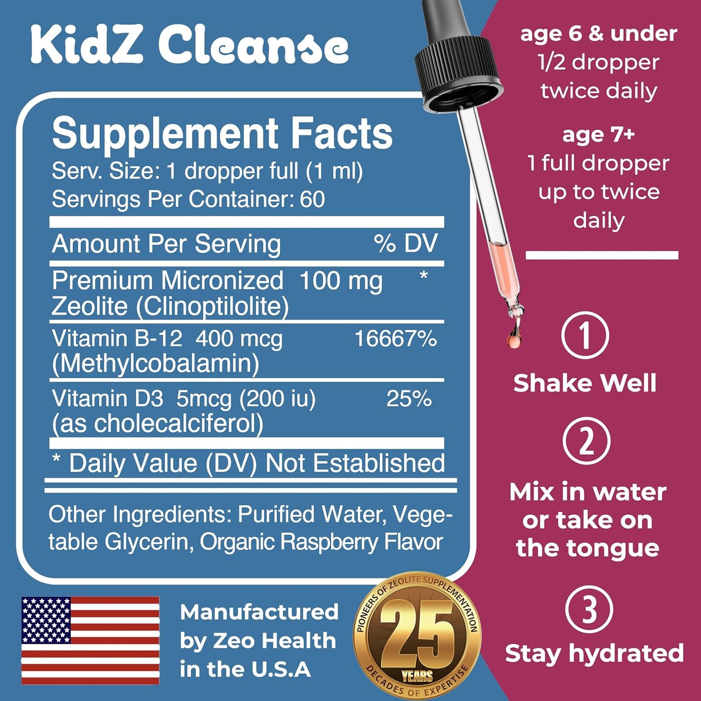 Kidz Cleanse Zeolite Detox Supplement for Kids - Supports Development, Behavior, Energy, Gut Health - Liquid Drops with Methyl B12, D3 (Apple Flavor) - 2oz