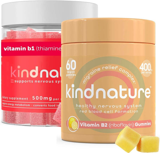 Kind Nature B-Vitamin Boost Gummy Duo: B1 Thiamine 500mg & B2 Riboflavin 400mg for Kids & Adults