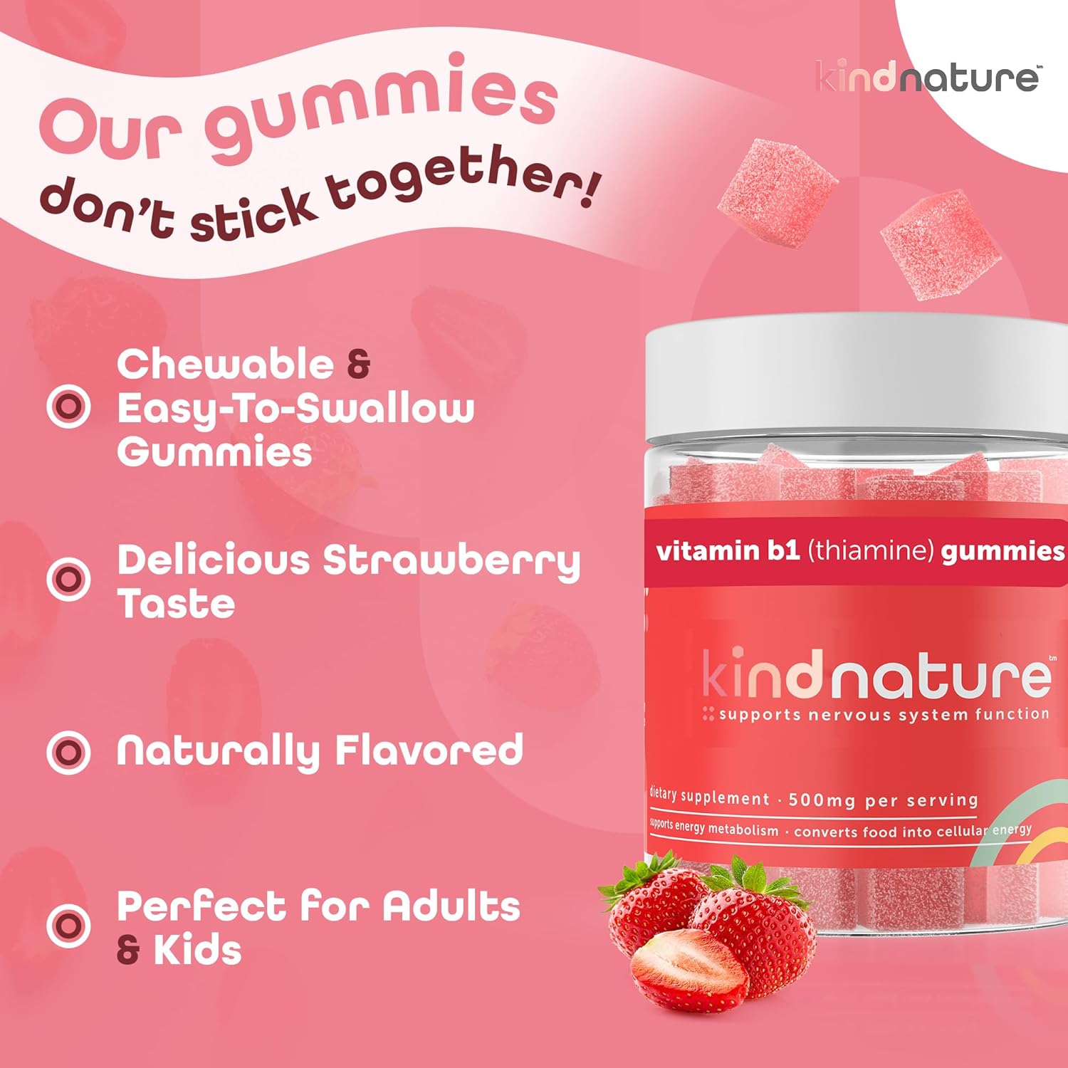 Kind Nature B-Vitamin Boost Gummy Duo: B1 Thiamine 500mg & B2 Riboflavin 400mg for Kids & Adults