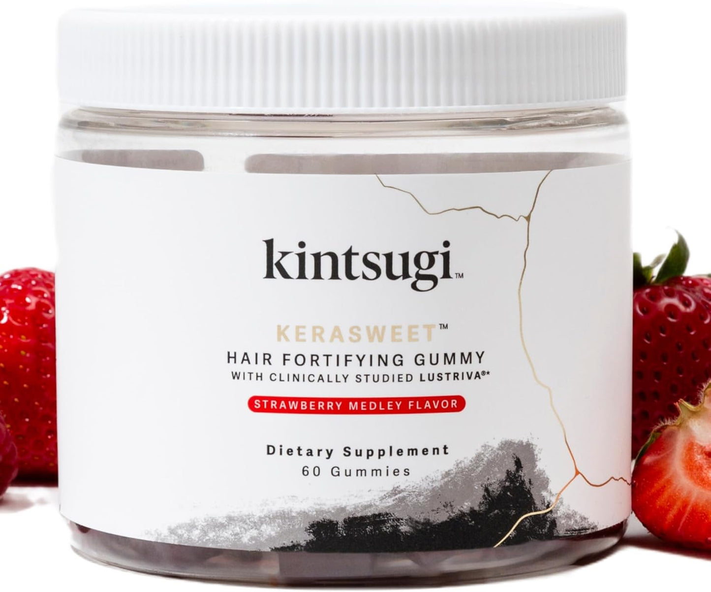 Kintsugi KeraSweet Hair Gummies- Combat Signs of Aging, Strengthen Strands, Support Fuller Hair- B12, Saw Palmetto, ACV- 60ct Strawberry Flavor