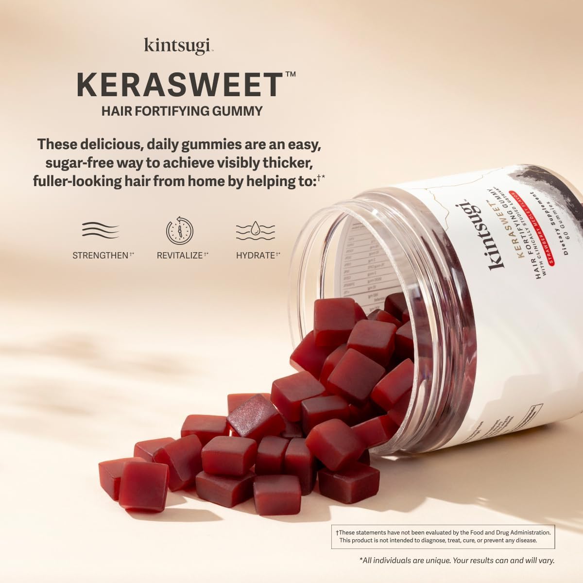 Kintsugi KeraSweet Hair Gummies- Combat Signs of Aging, Strengthen Strands, Support Fuller Hair- B12, Saw Palmetto, ACV- 60ct Strawberry Flavor