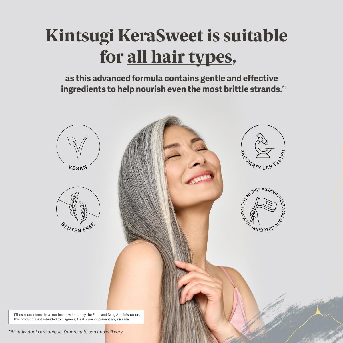 Kintsugi KeraSweet Hair Gummies- Combat Signs of Aging, Strengthen Strands, Support Fuller Hair- B12, Saw Palmetto, ACV- 60ct Strawberry Flavor