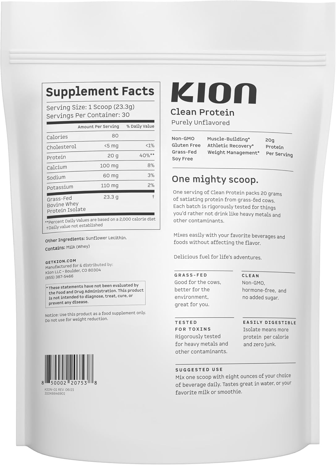 Kion Clean Protein Powder - 30 Servings, Unflavored for Nutritious Shakes & Smoothies