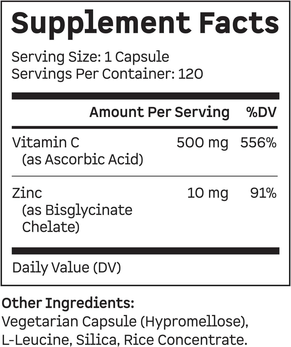 Kion Immune - Immune Support Supplement - Vitamin C Supplement - Vitamin C and Zinc for Everyday Wellness - 500 mg Vitamin C (Ascorbic Acid) and 10 mg Zinc - 120 Servings