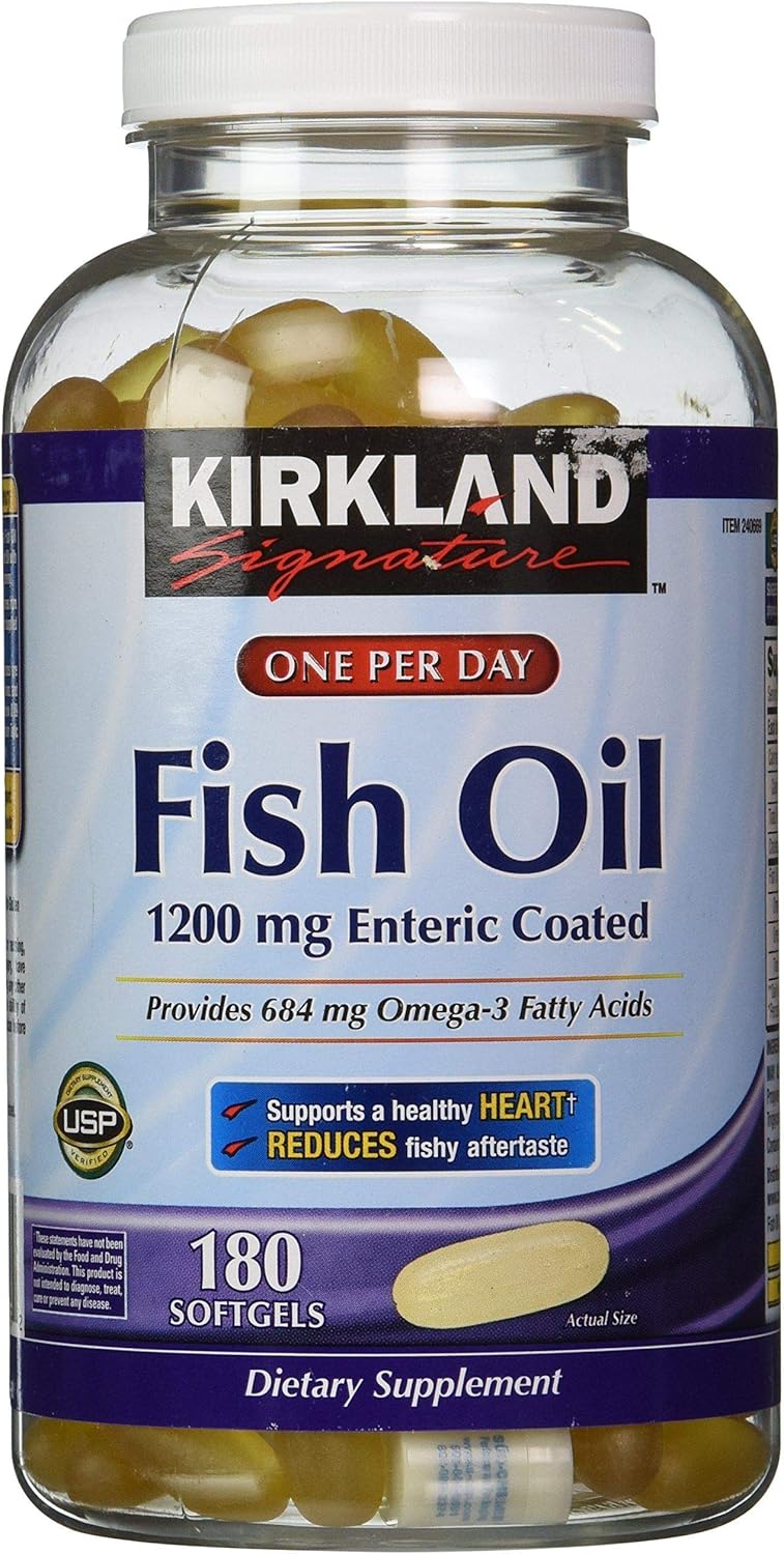 Kirkland Signature Enteric Coated Fish Oil Omega-3 Supplement, 1200 MG, 684 MG Omega-3 Fatty Acids, 180 Softgels