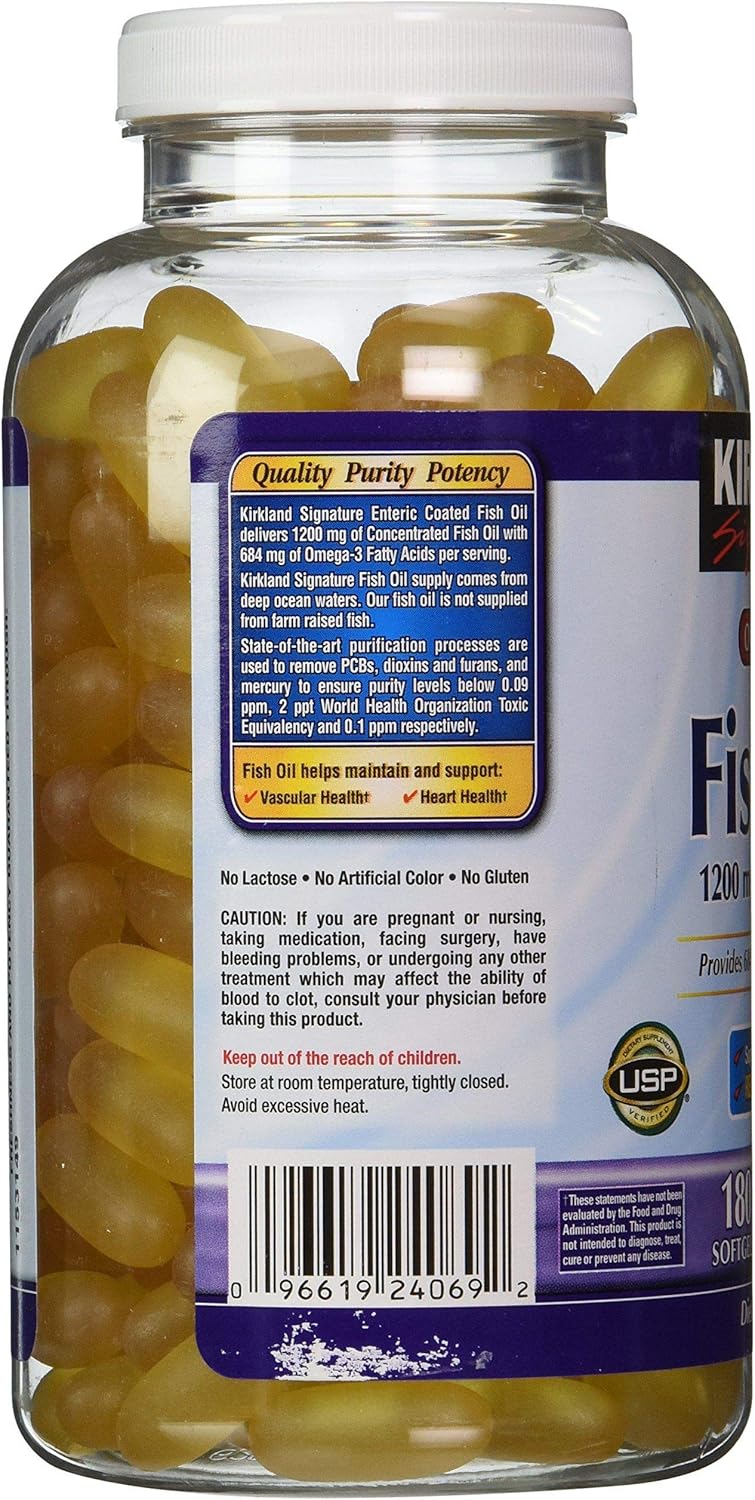 Kirkland Signature Enteric Coated Fish Oil Omega-3 Supplement, 1200 MG, 684 MG Omega-3 Fatty Acids, 180 Softgels