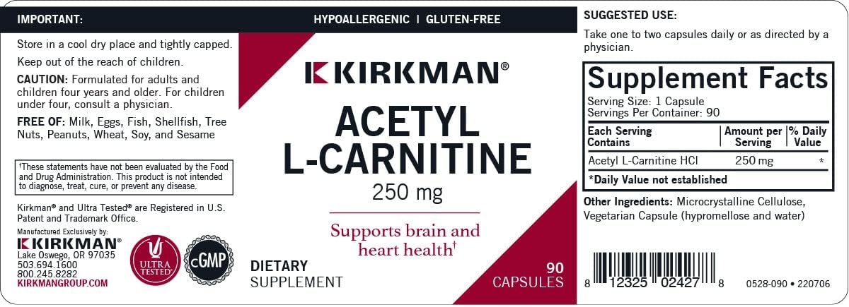 Kirkman Acetyl L-Carnitine Capsules - 90 Count - 250mg - Cellular Energy Support - Hypoallergenic Formula