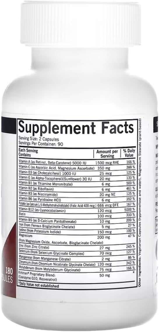 Kirkman Advanced Adult Multivitamin & Mineral Capsules - 180 Count - Broad Spectrum Supplement with 5-MTHF for Cell Turnover Support