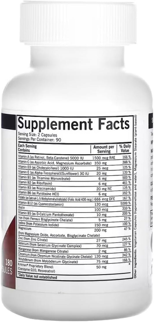 Kirkman Advanced Adult Multivitamin & Mineral Capsules - 180 Count - Broad Spectrum Supplement with 5-MTHF for Cell Turnover Support