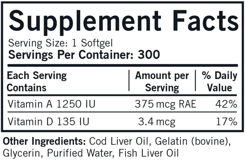 Kirkman Cod Liver Oil Softgels with Vitamin A & D for Foundational Health - 300 ct - Hypoallergenic - Rich in Essential Fatty Acids