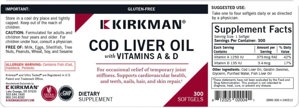 Kirkman Cod Liver Oil Softgels with Vitamin A & D for Foundational Health - 300 ct - Hypoallergenic - Rich in Essential Fatty Acids