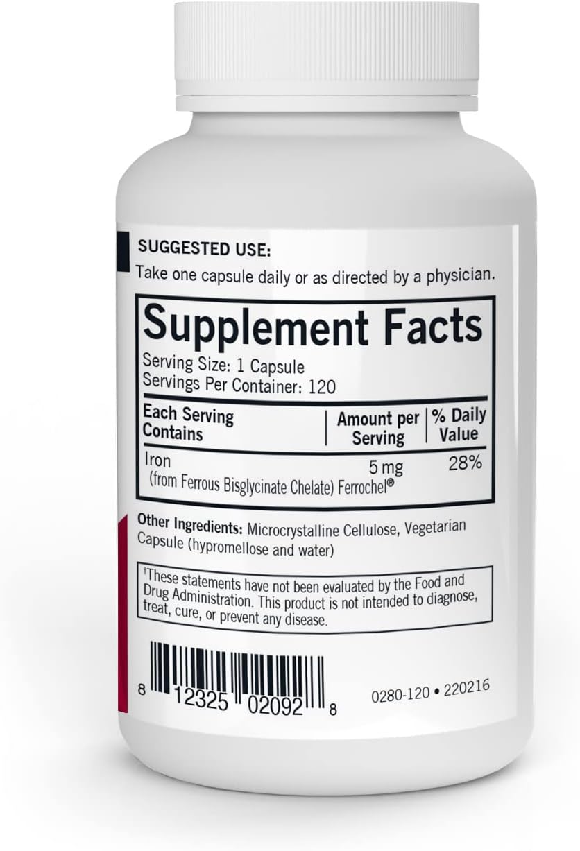 Kirkman Iron Ferrochel 5mg Capsules - Supports Hemoglobin & Myoglobin - Red Blood Cell Formation - 120 Count