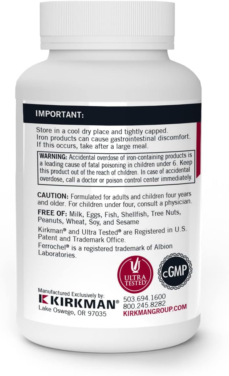 Kirkman Iron Ferrochel 5mg Capsules - Supports Hemoglobin & Myoglobin - Red Blood Cell Formation - 120 Count