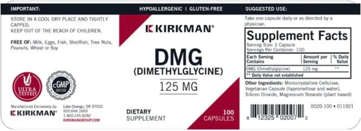 Kirkman Labs DMG (Dimethylglycine) 125 mg 100 Capsules - Dietary Supplement