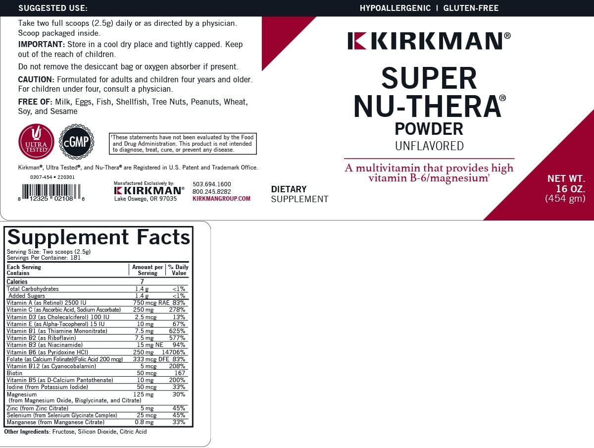 Kirkman Super Nu-Thera Powder - 16 Ounces - Hypoallergenic Formula - Unflavored