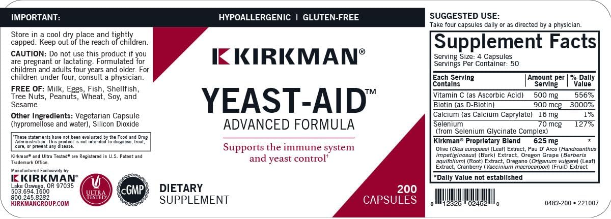 Kirkman Yeast Aid Advanced Formula Capsules - 200 Count - Promotes Yeast Control & Immune System - Hypoallergenic Formula