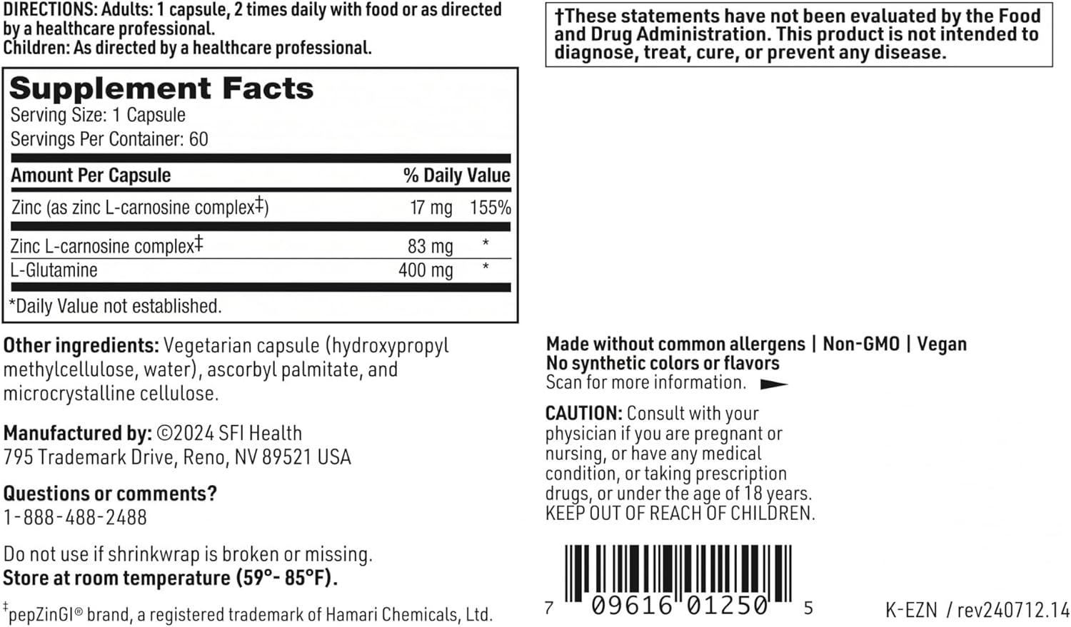 Klaire Labs Endozin Capsules - Zinc Carnosine Complex with L-Glutamine for Intestinal Barrier Support