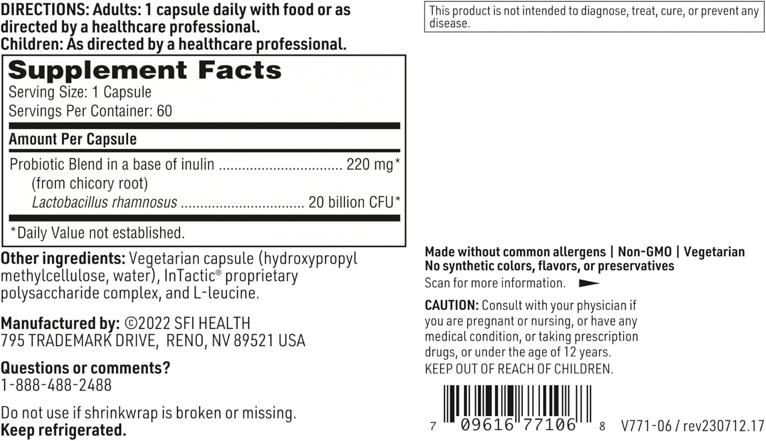 Klaire Labs Lactobacillus Rhamnosus Probiotic Capsules - 20 Billion CFU for Gut & Immune Support - Dairy-Free & Hypoallergenic - 60 Count