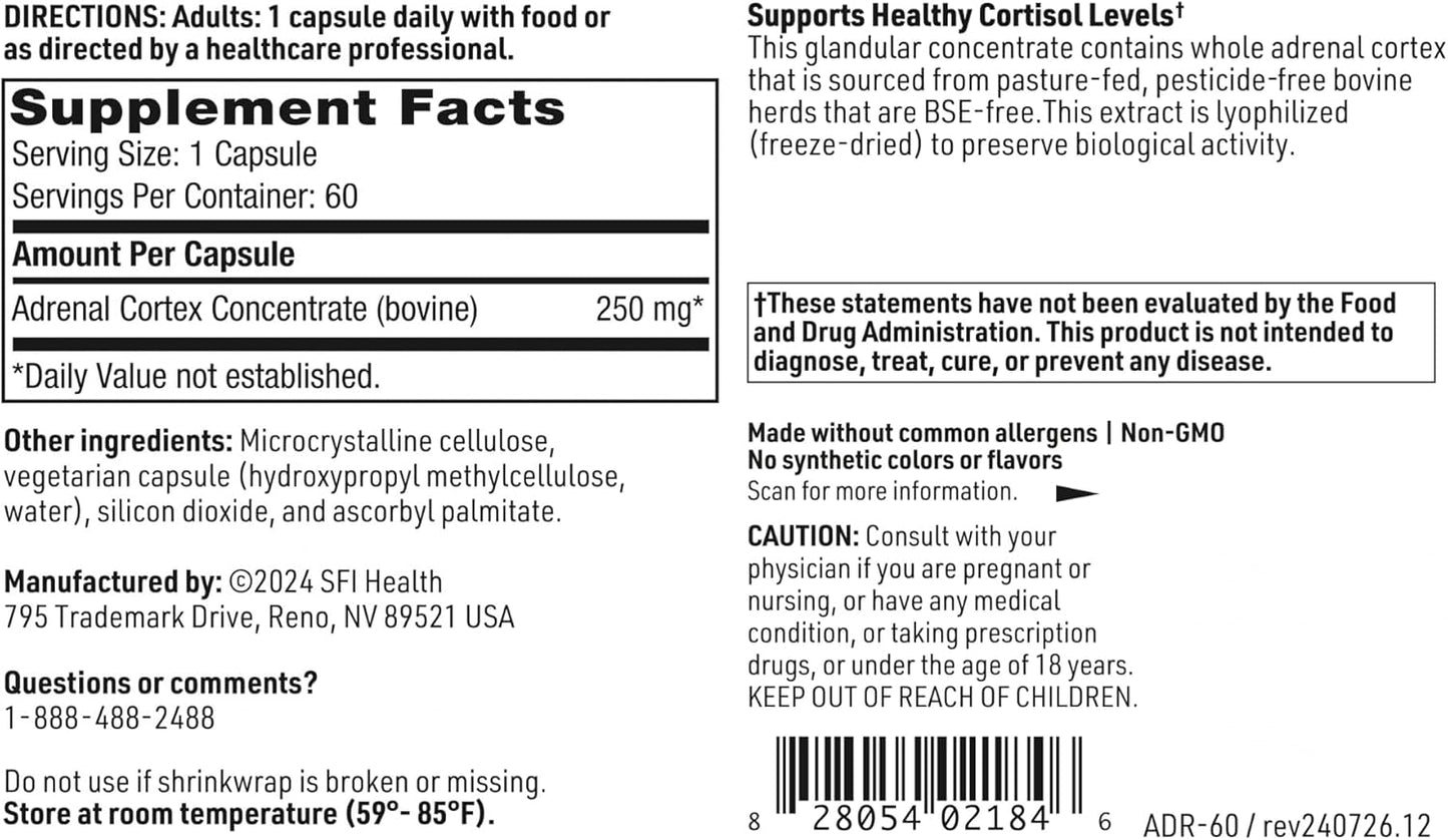 Klaire Labs SFI Health Adrenal Cortex Capsules - Supports Healthy Adrenal Function & Cortisol Management - Gluten-Free, Hypoallergenic Formula for Men & Women (60 Count)