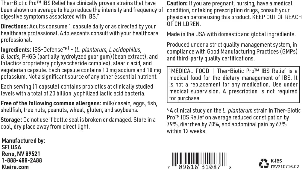 Klaire Labs Ther-Biotic Pro IBS Relief - Prebiotic & Probiotic Capsules for Digestive Health - Dietary Management of IBS - Constipation & Gas Relief Support