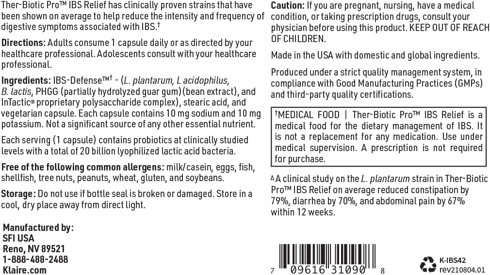 Klaire Labs Ther-Biotic Pro IBS Relief: Prebiotics & Probiotics for Digestive Health - Dietary Management of IBS - Gut Health Support for Constipation & Gas (42 Capsules)