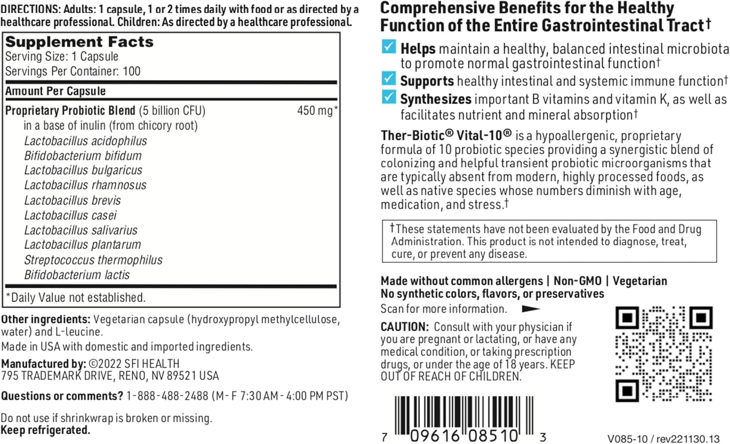 Klaire Labs Vital-10 Probiotic - 10 Species Supplement with Lactobacillus, Bifidobacterium & Streptococcus - Immune, Digestive, GI & Colon Support - 5 Billion CFU - Hypoallergenic - 100 Capsules