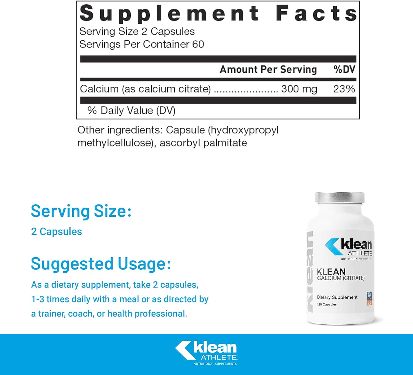 Klean ATHLETE Calcium Citrate Capsules - Bone Health & Density Support for Athletes - Gluten Free, Vegan & Non-GMO - 120 Count