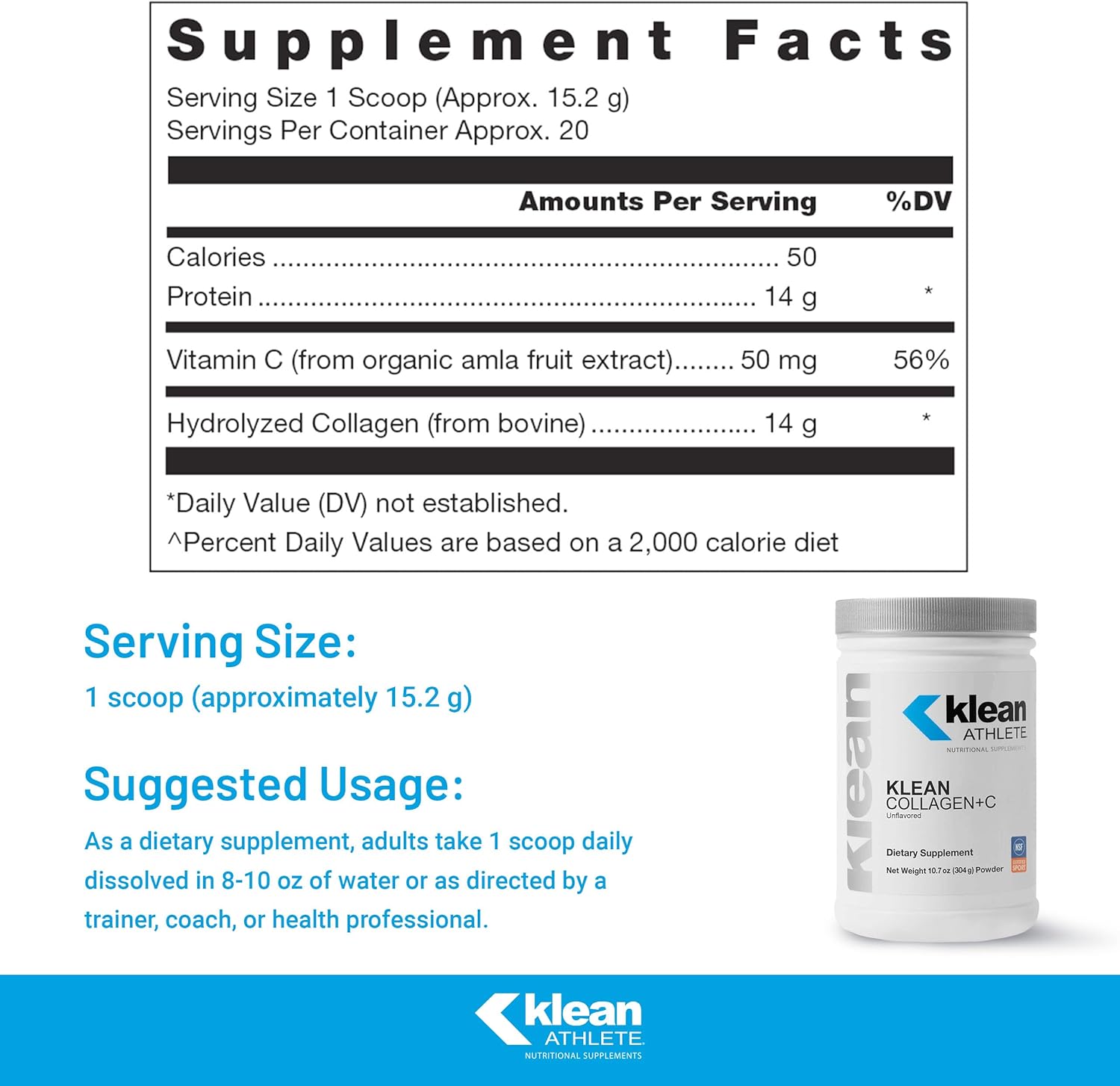 Klean ATHLETE Collagen Peptides with Vitamin C - Joint and Tissue Support - 10.7 oz - Unflavored
