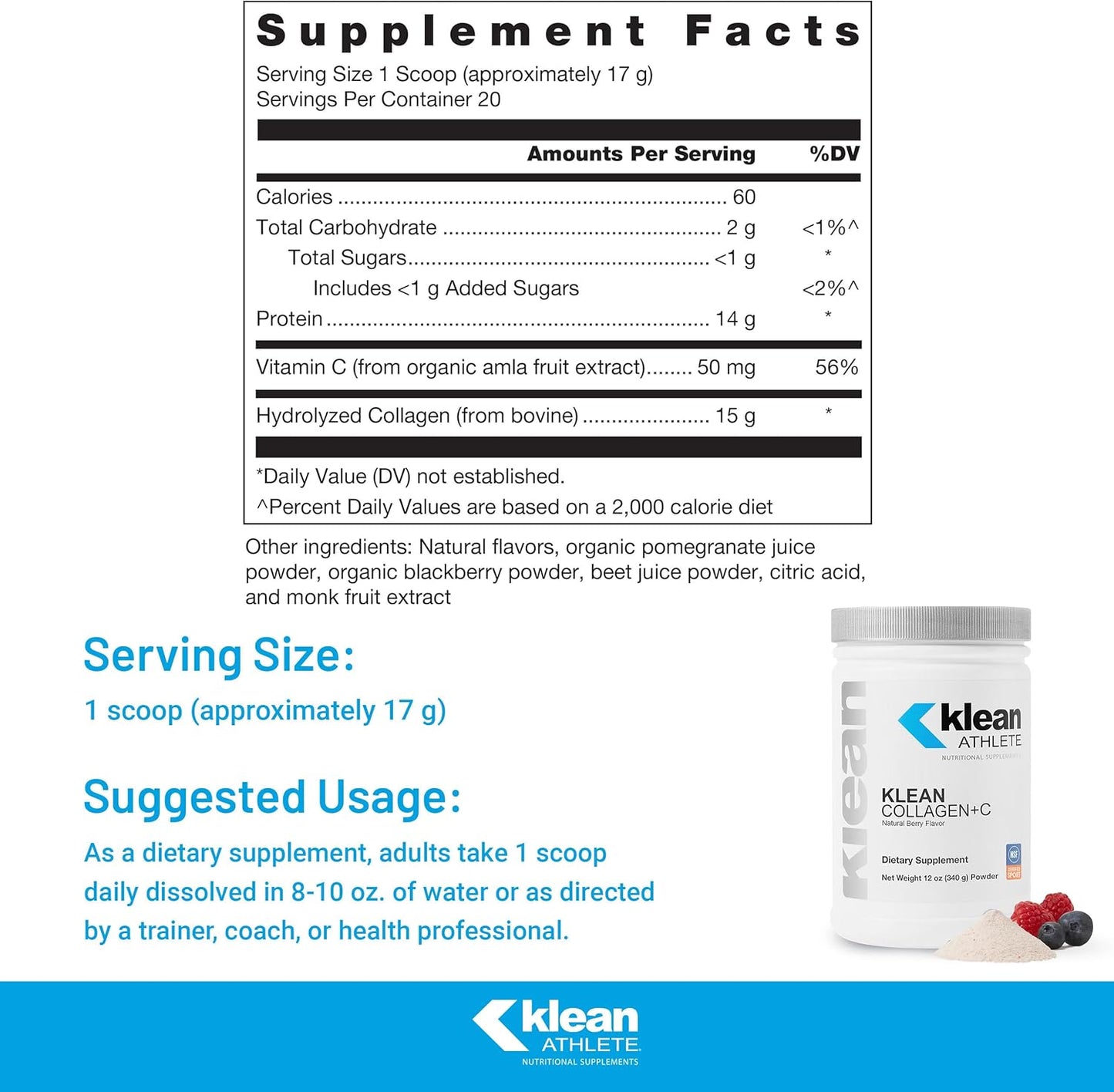 Klean ATHLETE Collagen Peptides with Vitamin C for Joint Support - Natural Berry Flavor - 12 oz