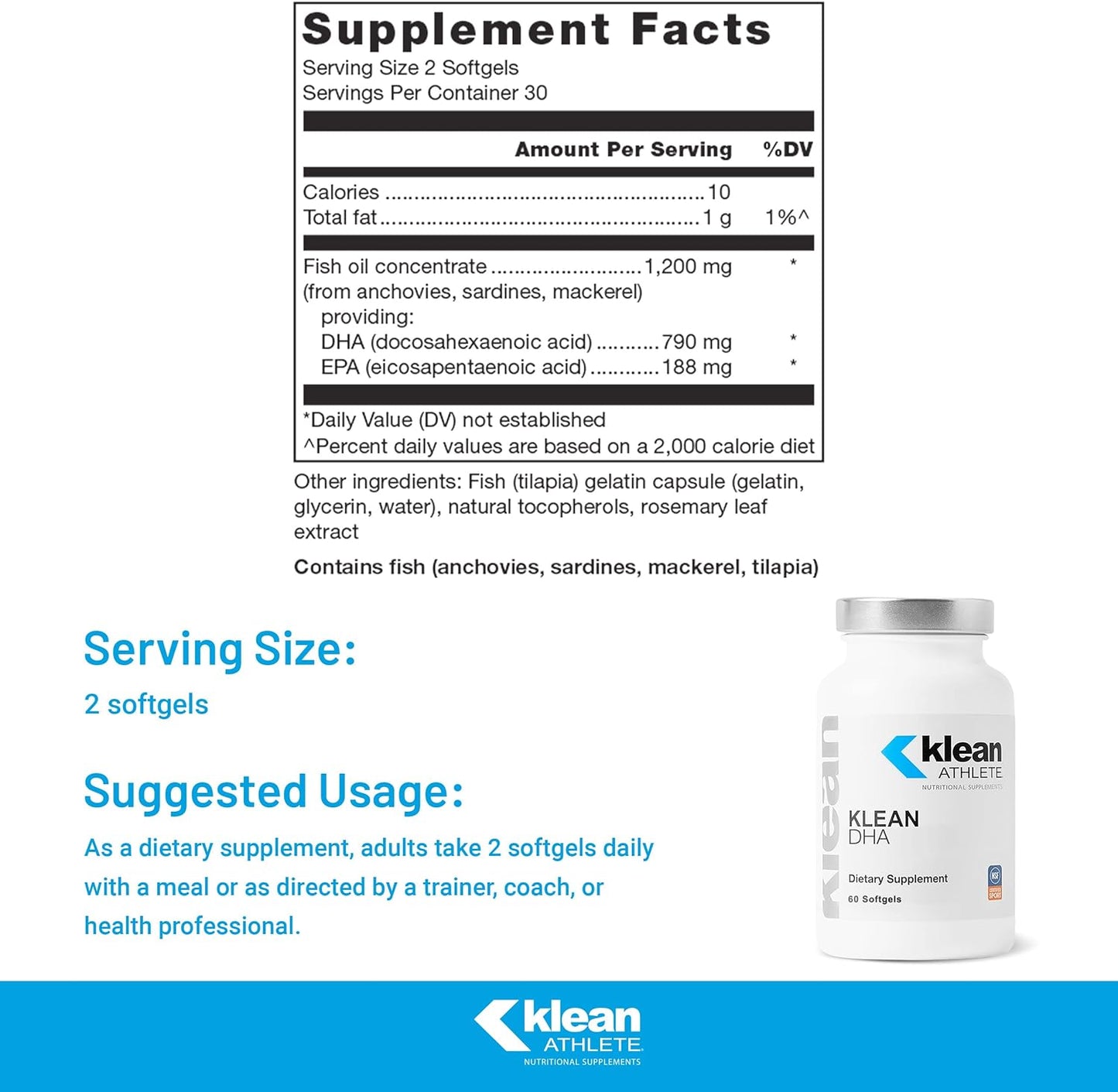 Klean ATHLETE DHA Supplement for Athletes - Supports Heart & Brain Health - Omega 3 Fish Oil Softgels - Non-GMO & Gluten Free