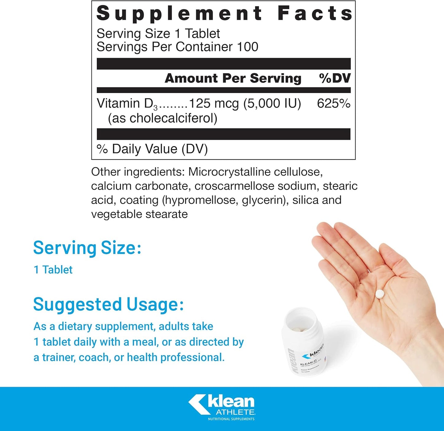 Klean ATHLETE Klean-D Vitamin D3 Tablets - Immune Health, Muscle Recovery, Bone Strength - NSF Sport Certified - 100ct