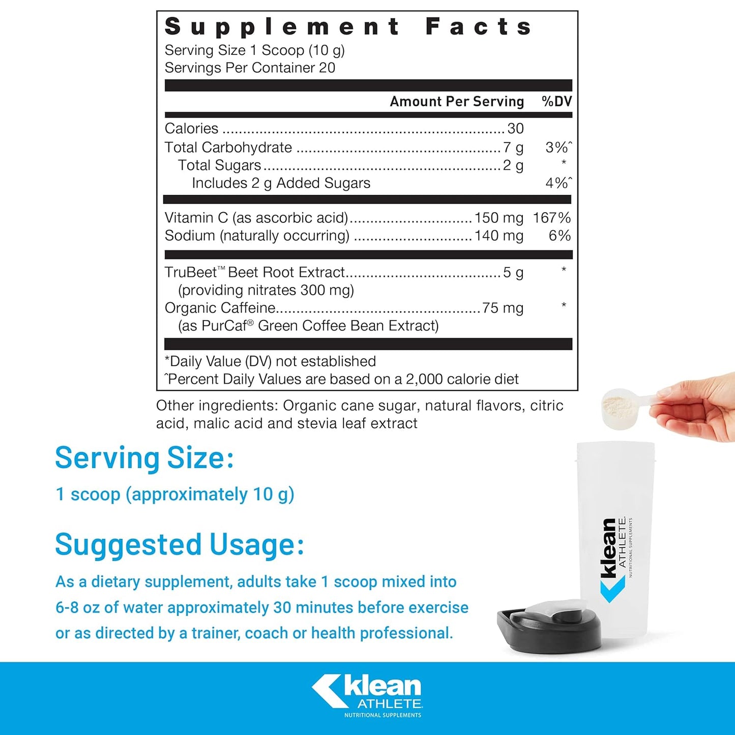 Klean ATHLETE Pre-Workout Supplement with Beet Root Extract, Vitamin C, and Organic Caffeine for Athletic Endurance - Natural Lemon Tea Flavor - 7 Ounces