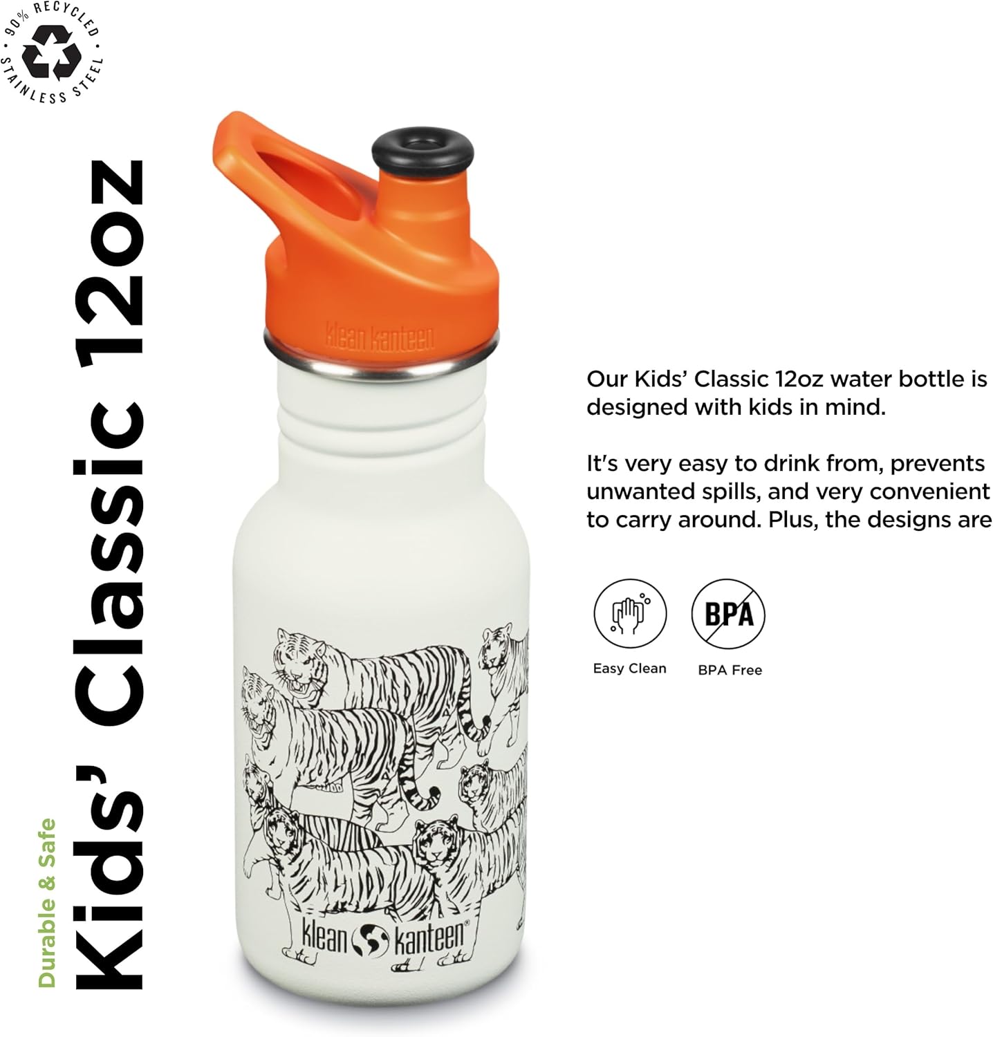 Klean Kanteen Kids 12oz Classic Narrow Bottle with Sport Cap - BPA-Free Stainless Steel, Leak-Proof Design