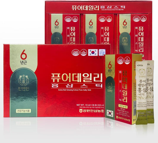 Korea Red Ginseng Extract Pure Daily Stick Hong Sam - Natural Energy Booster for Men & Women - Immune Support & Fatigue Recovery - 30 Sticks