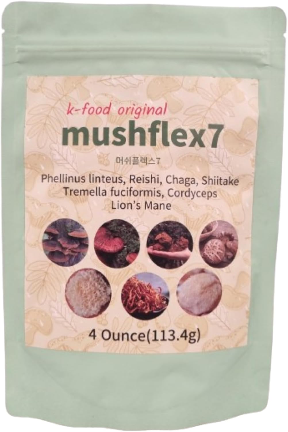 Korean 7 Mushroom Powder Supplement with Phellinus linteus, Red Reishi, Lion’s Mane, Cordyceps, Chaga, Shiitake, Tremella fuciformis - 4oz