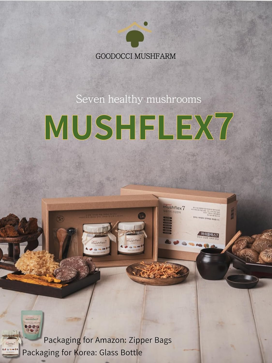 Korean 7 Mushroom Powder Supplement with Phellinus linteus, Red Reishi, Lion’s Mane, Cordyceps, Chaga, Shiitake, Tremella fuciformis - 4oz