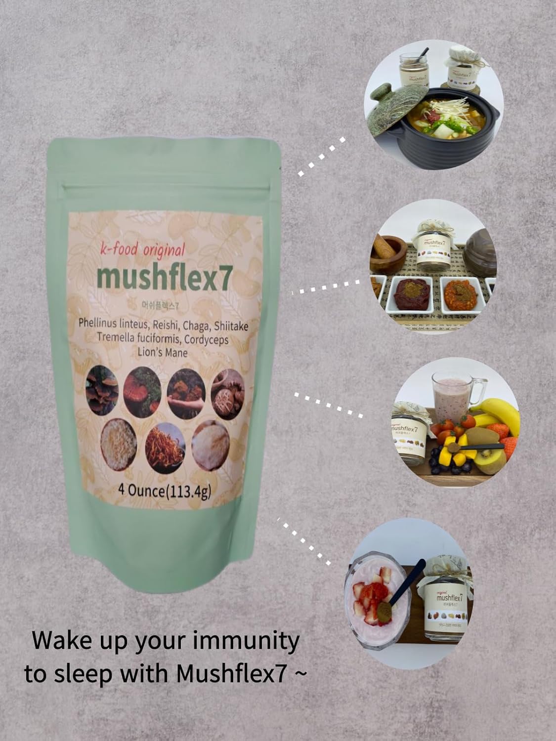 Korean 7 Mushroom Powder Supplement with Phellinus linteus, Red Reishi, Lion’s Mane, Cordyceps, Chaga, Shiitake, Tremella fuciformis - 4oz