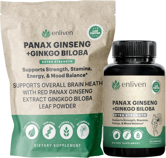 Korean Panax Ginseng & Ginkgo Biloba Supplement for Immune Support and Stress Relief - 60 Capsules USA Made