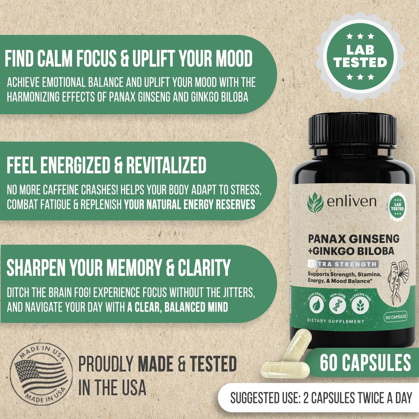 Korean Panax Ginseng & Ginkgo Biloba Supplement for Immune Support and Stress Relief - 60 Capsules USA Made